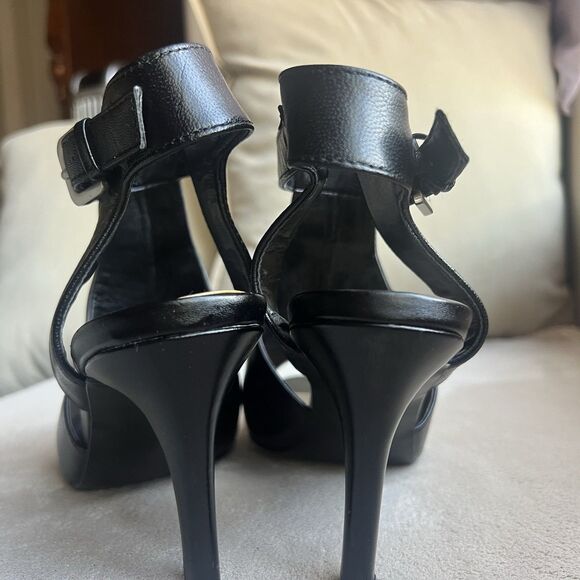 New Nine West Infusion Black Leather Heeled Sandals Women 8.5 M Ankle Strap - Picture 11 of 16